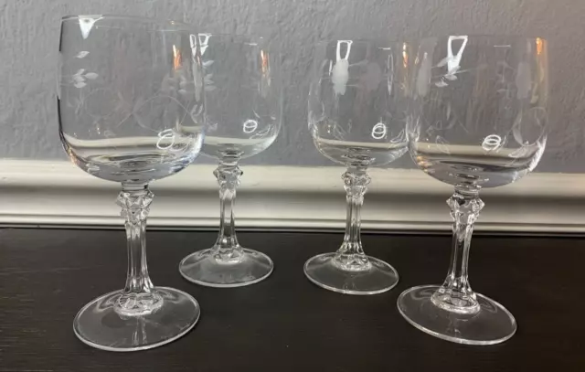 Lovely Vintage Wine Glasses Floral Etched Crystal Stemware 7” Glass Set 4