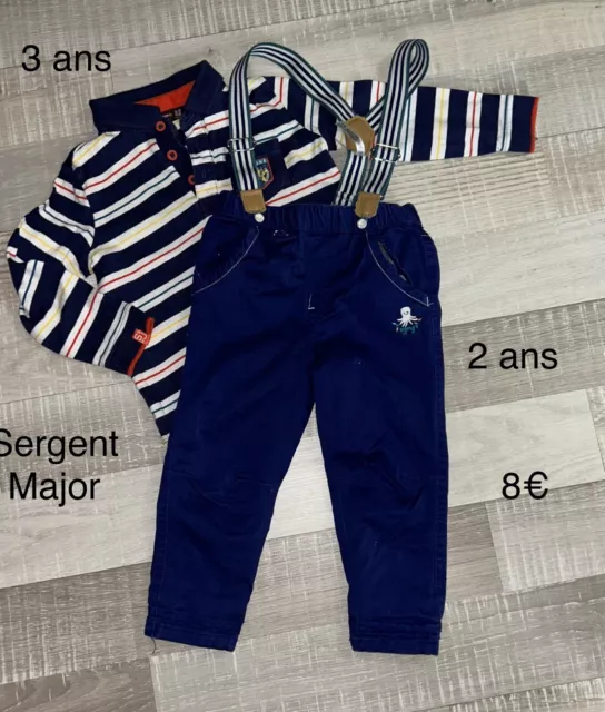 Sergent-major 2 / 3 Ans Garçon : Pantalon A Bretelles + Polo Rayé BE