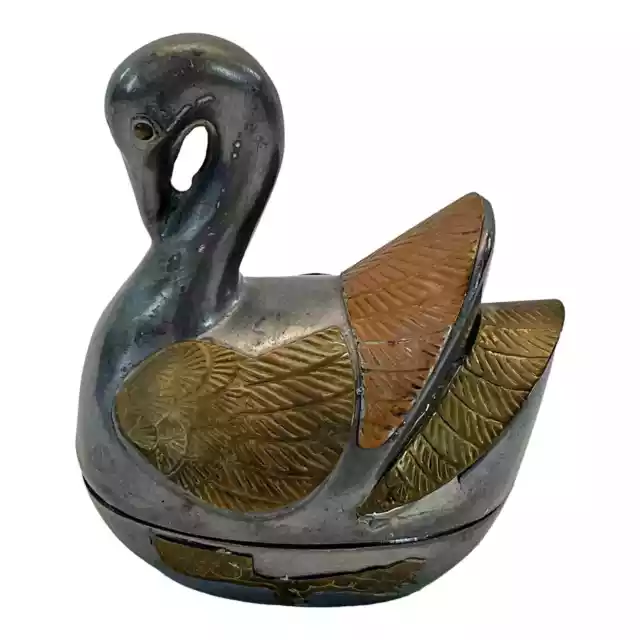 Vintage Swan Gatco Solid Brass Lidded Trinket Jewelry Box Dish MCM