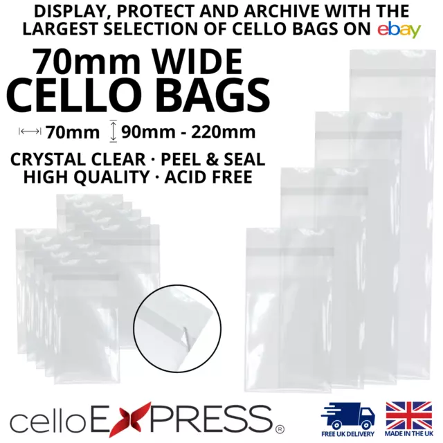 70mm Wide Clear Tall/Slim Cello Display Bags for Bookmarks - Cellophane Bag