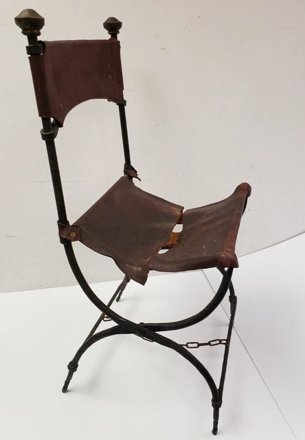 RARE 34.5" Antique 19th Century Wrought Iron & Savonarola Leather Folding Chair 2