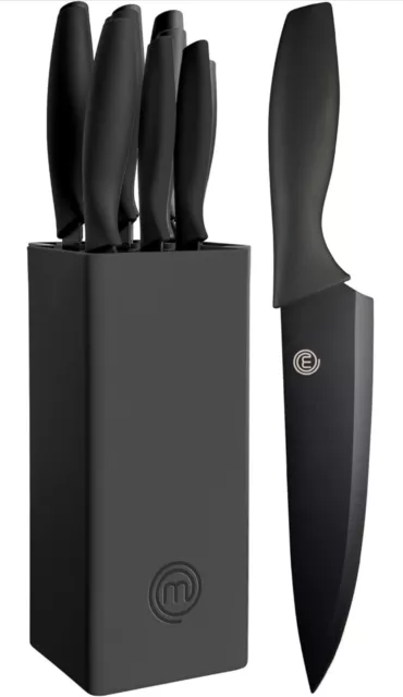 Black Knife Set with Block, 6 Kitchen Knives with Extra Sharp Stainless Steel.