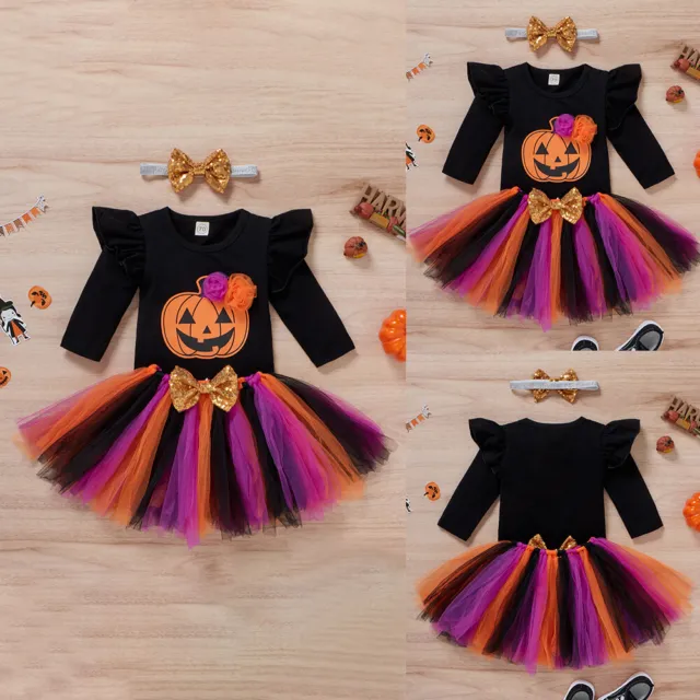 Baby Girl Halloween Costume Pumpkin Romper Tops Tutu Skirt Dress Outfits Set UK