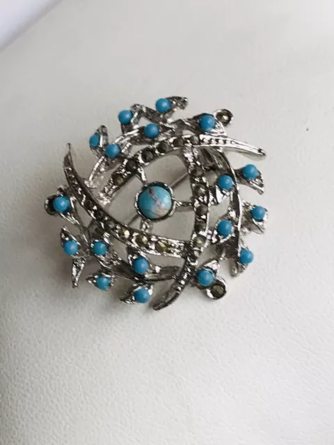Vintage Silvertoned Open Brooch With Marcasite/turquoise Stones Peking Gl Center