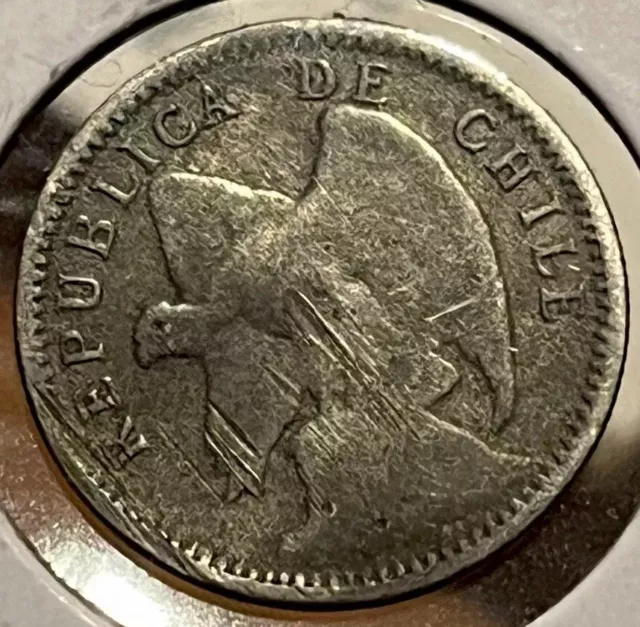 Rare 1857 Chile Un Decimo Silver Coin & 1908 Silver Diez Centavos Coin