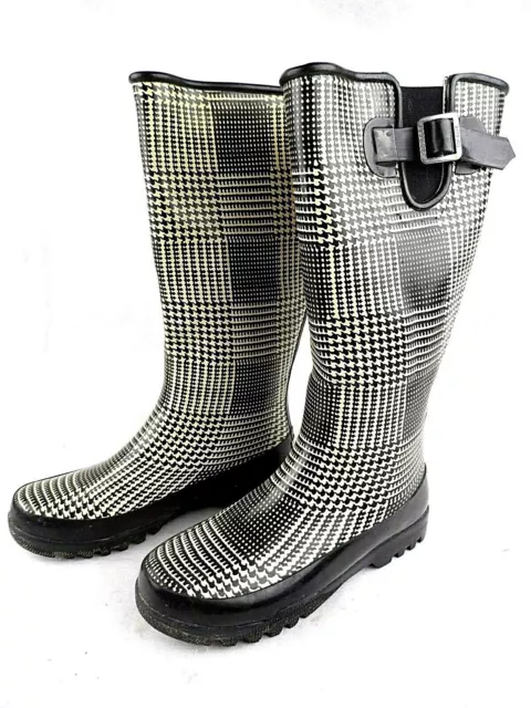 Sperry Pelican Black & White Houndstooth Rain Boots Fleece Lined Womens Size 6M