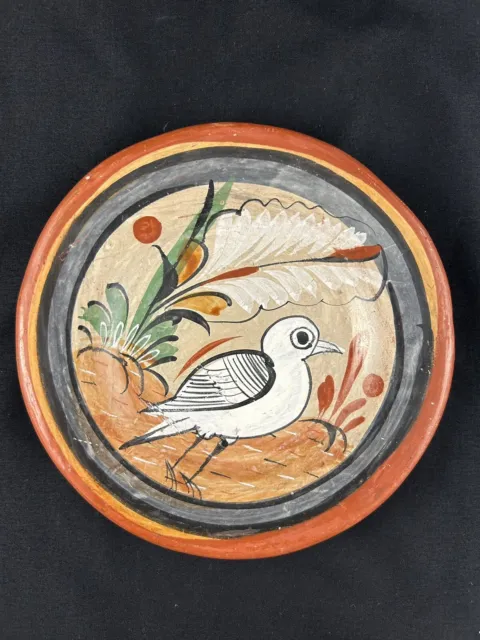 Vintage Mexican Tonala Folk Art Pottery Hand Painted Bird Plate 6”