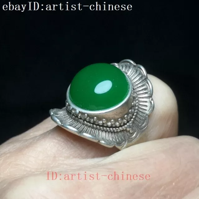 Chinese Tibet Silver carving flower inlay jade ring excellent Gift Collection