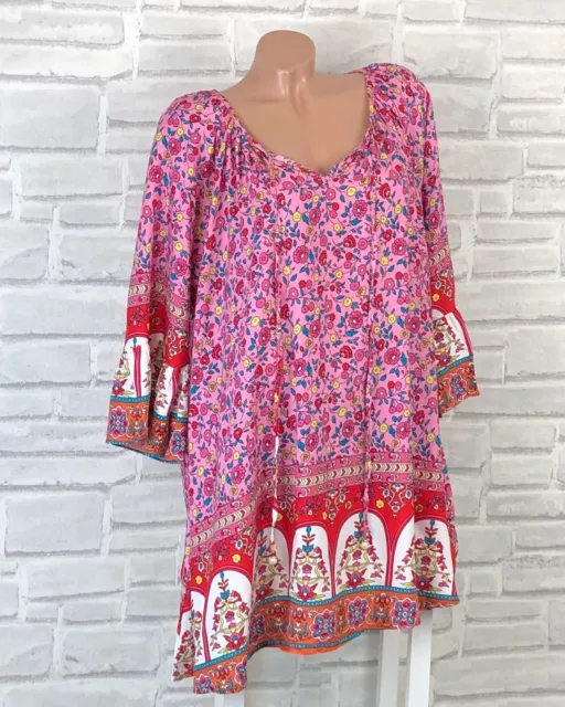 Italy Long Bluse Tunika Shirt Kleid Boho Print V-Ausschnitt 42 44 46 Rosa F774