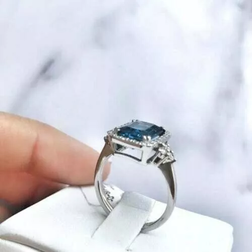 3CT EMERALD LAB Created Blue Sapphire Halo Engagement Ring 14K White ...