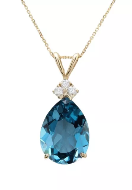 14k Gold Natural Pear Swiss Blue Topaz & Diamond Solitaire Necklace Birthday Gif