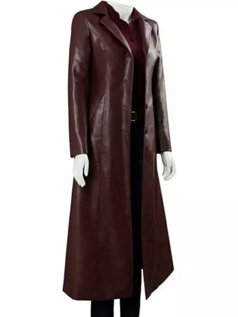 Women's Authentic Real Leather Trench Coat Long Overcoat Maroon Winter Jacket 2