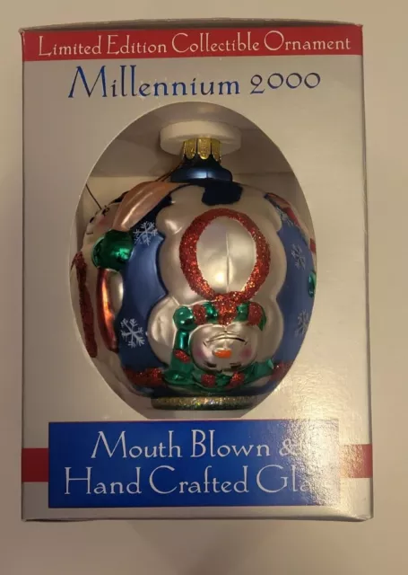 Millennium 2000 Snowman Christmas Ornament Mouth Blown Glass NIB