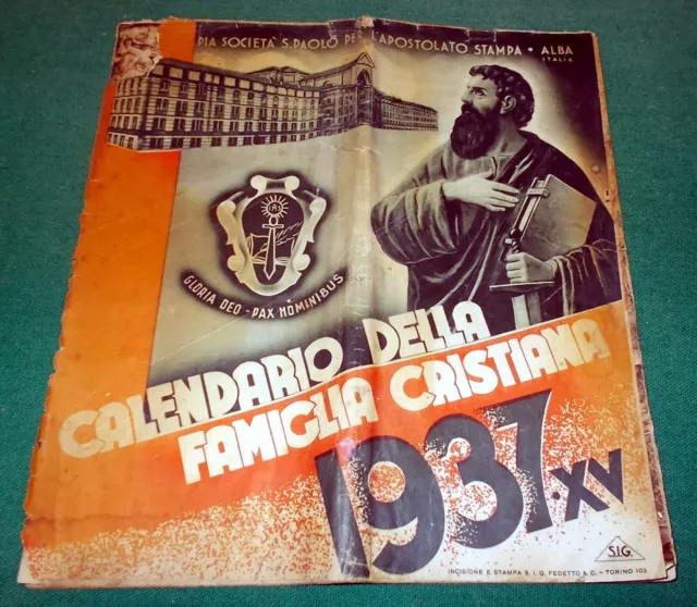 Calendario della FAMIGLIA CRISTIANA originale 1937 edizioni Pia San Paolo Alba