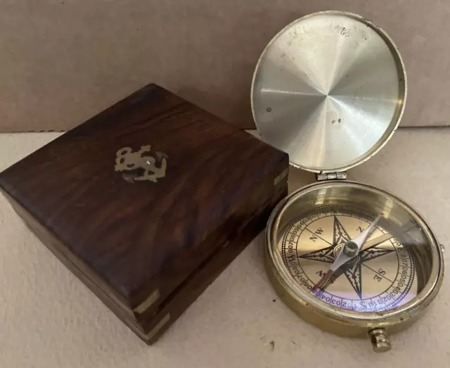 Nautical 3" With Wooden Box - Solid Brass Heavy Direction Compass