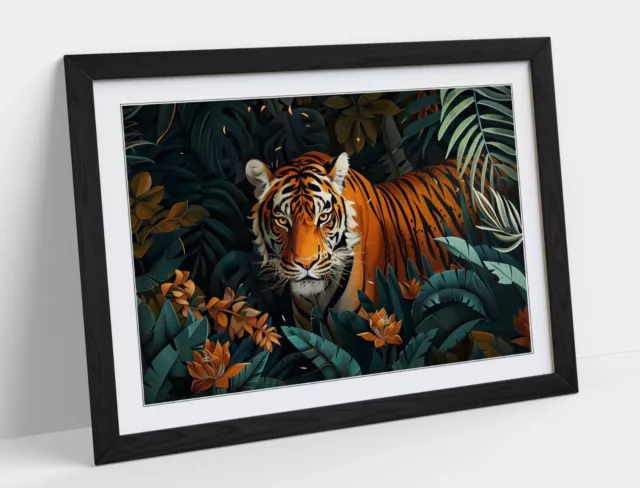 Folk Art Of Tiger In A Jungle 1 Exotic -Framed Wall Art Poster Paper Print