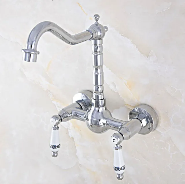 Chrome Double Handles Wall Mount Kitchen Bathroom Faucet Vessel Sink Mixer Tap