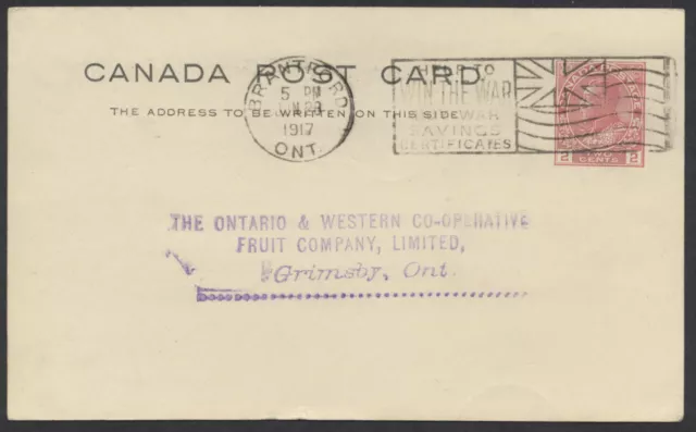 1917 Brantford ONT Win the War Flag Cancel, Type 25-1, On #P69 2c Admiral PSC