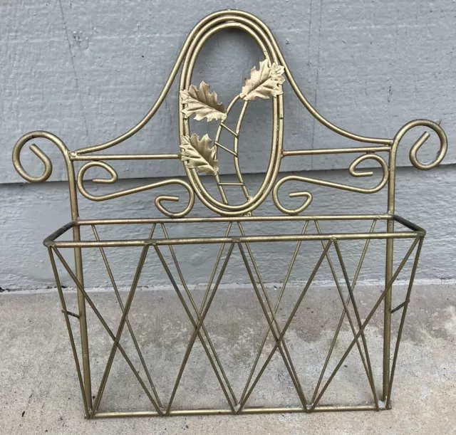 Vintage Brass/Goldtone Wall Hanging Magazine Rack Leaves MCM