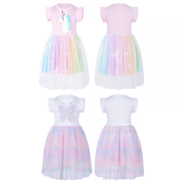 Baby Girls Princess Mesh Dress Ruffled Sleeve Round Neckline Birthday Tutu Skirt
