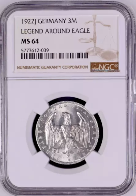 1922-J - Germany - 3 Marks (Legend around eagle) - NGC MS64