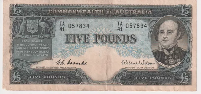 1954 Comm. of Australia 5 Pounds Banknote - Coombs/Wilson - R49- Good - # 30882