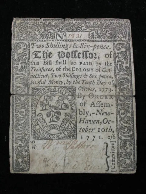 Connecticut * 10-10-1771 * Two Shillings & Six Pence * Colonial Note * Cancelled