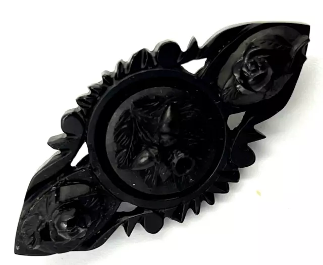 Victorian Whitby Jet Brooch Pin Large Antique  Hand Carved Floral Mourning 2