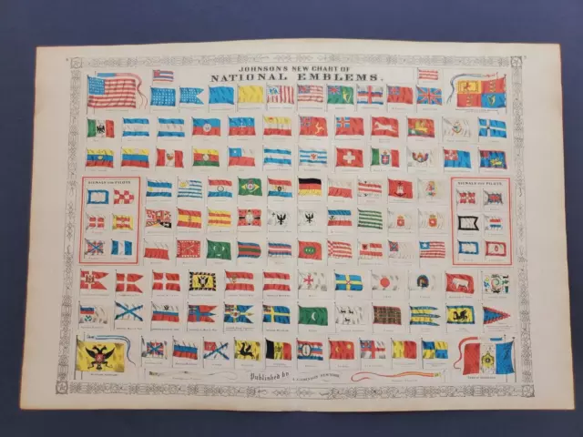 1863 Johnson Atlas Map Print World Country Flags and Emblems Rare Antique