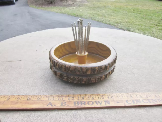 Vintage Nut Cracker Set Round Wooden MCM Bowl Dish with all 6 Picks & Cracker