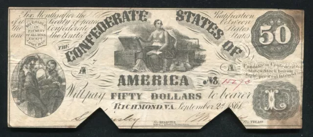 1861 $50 Fifty Dollars Csa Confederate States Of America Currency Note 