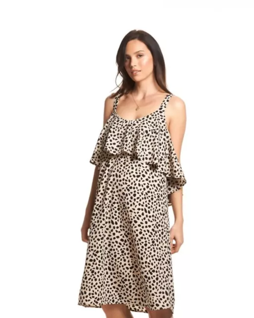 Soon Maternity Bettina Feeding Dress in Beige Leopard Lurex Size 6 AU