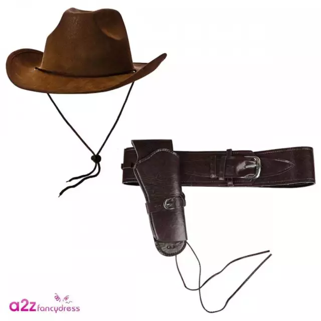 Deluxe Brown Suede Cowboy Hat + Cowboy Holster Adult Wild West Fancy Dress