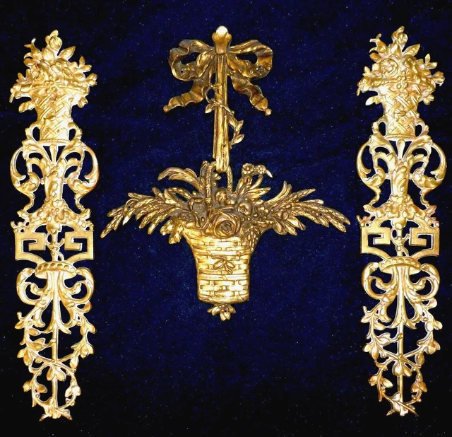 Lot Of 3 French Bronze/Brass Decors  Mounts Pediments  Flower Baskets