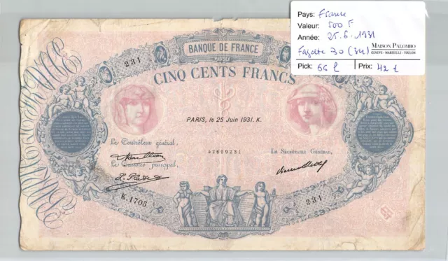 BILLET FRANCE - 500 Francs - 25/6/1931 - Fayette 30(34) Pick 66l - N°231