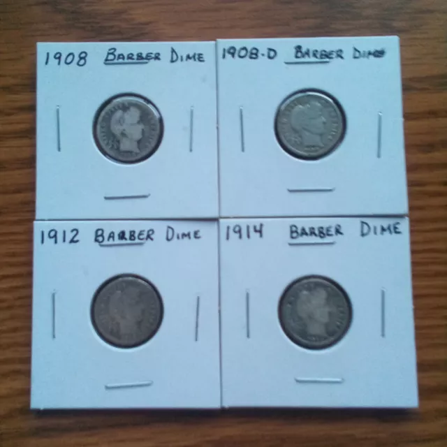 4 Different Dimes Barber Liberty Ten Cent (Better Grade) Great Starter Set P D