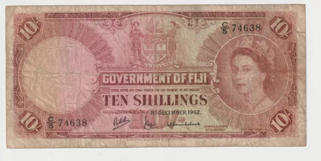 1962 Fiji 10 Ten Shillings Banknote - P# 52c - Good - # 31817