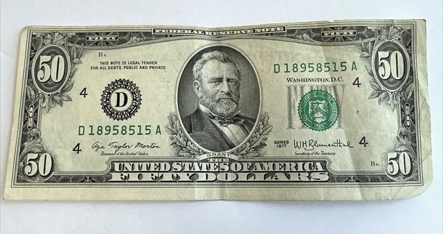 1977 Series 50 Fifty Dollar Bill Federal Reserve Note US D 18958515 A B91 GRANT