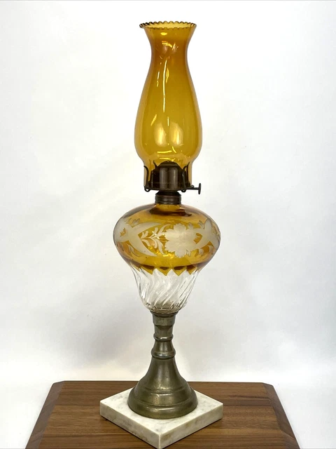 Antique Vtg Victorian Amber Cut to Clear Glass Sandwich Oil Lamp Marble Base P&A