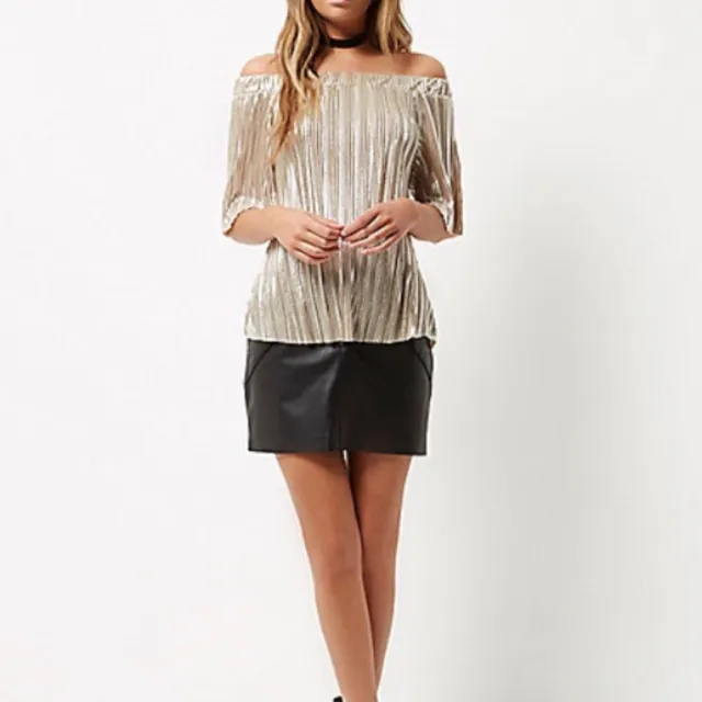 River Island Gold Pleated Bardot Top UK 10 BNWOT Club Party Shimmer Sparkly £28