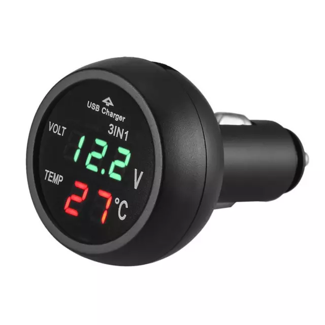 Prosperveil 3-in-1 12/24 V Auto LED Digital Voltmeter Gauge + Thermometer + USB-