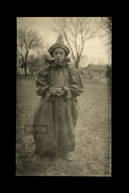 Creepy Kid Circus Clown Antique 1910s Halloween Costume RPPC Photo Black & White