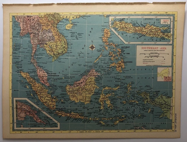 1954 Vintage SOUTHEAST ASIA Antique Atlas Map - Hammond's New World Atlas