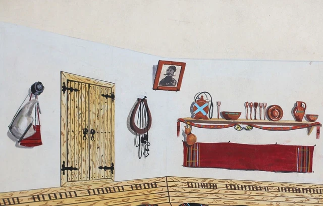 Vintage gouache painting Theater stage old traitional house interior design