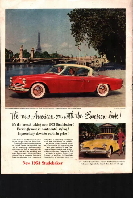 1953 Studebaker Commander Vintage Print Ad European Look Finest Power Steering