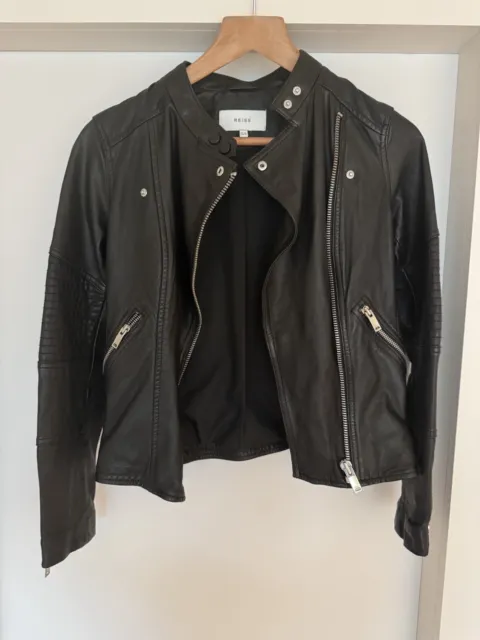 Reiss Size 8 black 100% sheep leather long sleeve biker jacket coat zip genuine