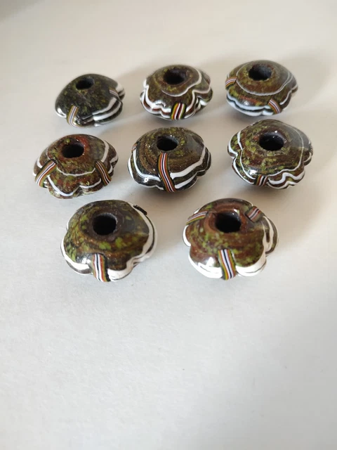 Vintage Lot of 8 Green Brown Ribbon Ceramic Resin Beads for Macrame 2