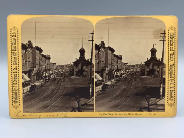 1870s MILWAUKEE Wisconsin Photo BENNETT Water STREET Iverson STEREOVIEW Trolley