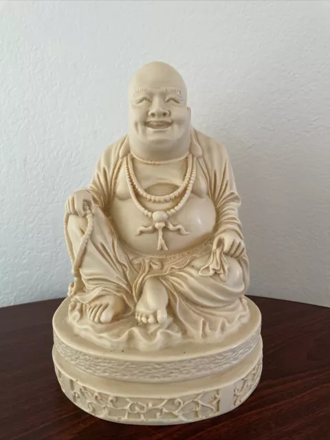 Vintage Happy Buddha Laughing Wealth Resin Statue 9.25" Ivory Colored Figure