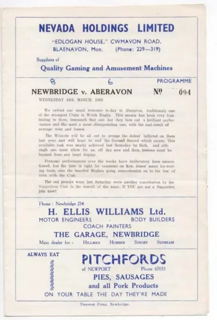 Mar 65 NEWBRIDGE v  ABERAVON